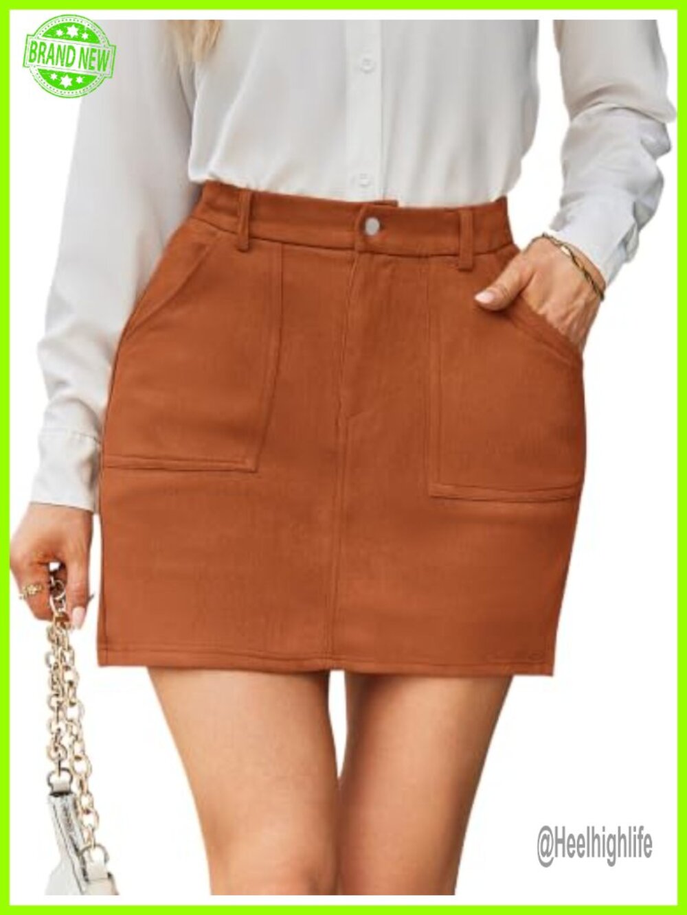 Faux Suede Mini Skirt High Waisted A-Line Pencil Skirt Built-in Shorts Pockets